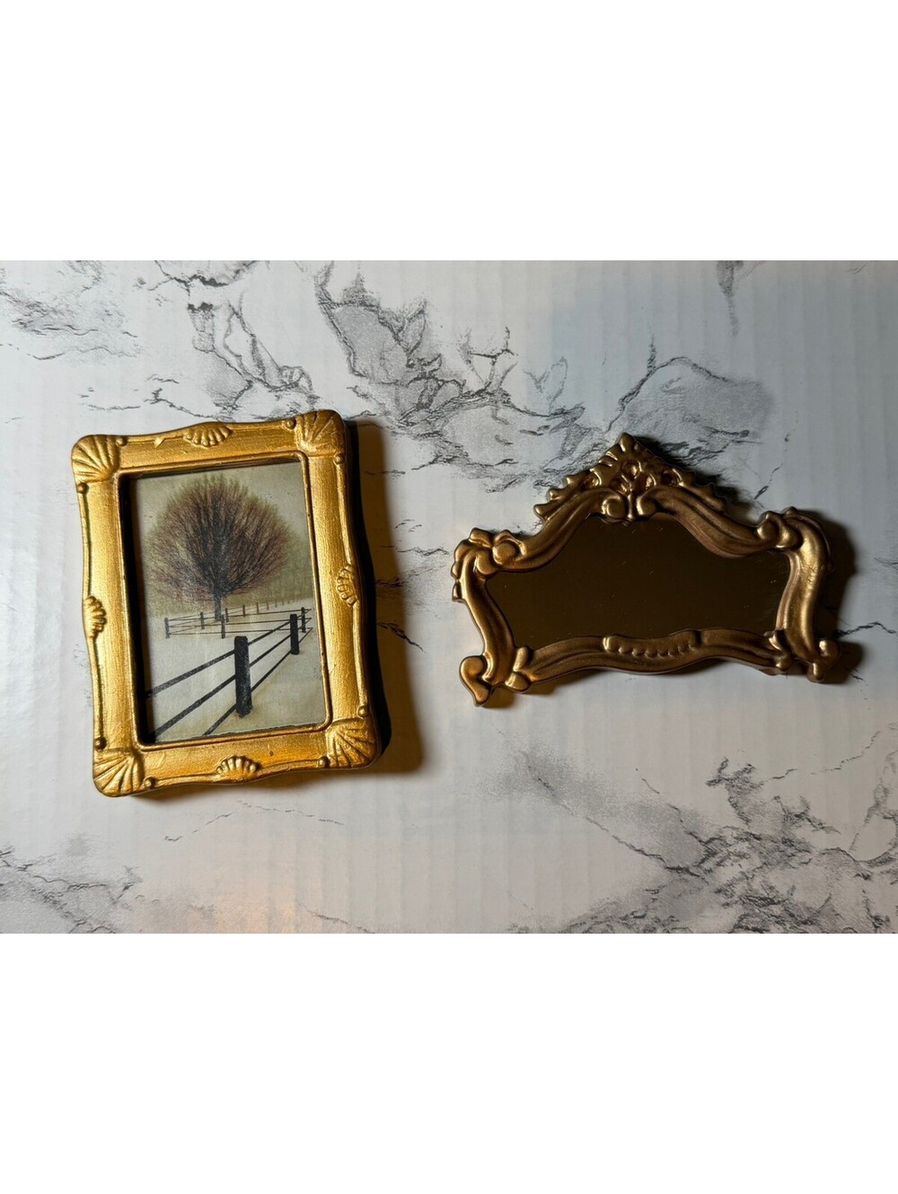 Vintage dollhouse miniature accessories - mirror & picture frame
